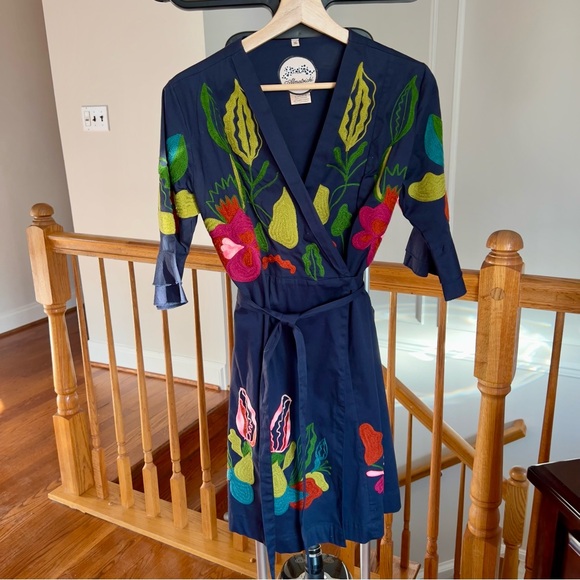 Almatrichi Blue Cotton Wrap Dress with Colorful Flower Stitching - Picture 2 of 10